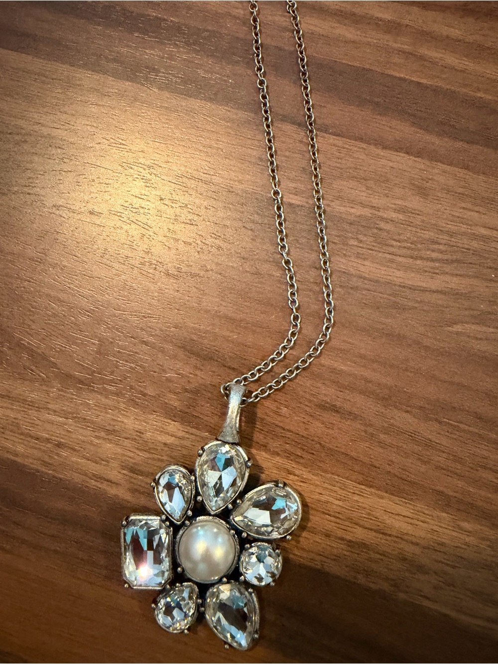 Vintage Silver Floral Crystal Pendant Necklace with Pearl Center